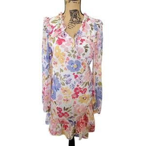 Small En Saison Full Wrap Ruffled Dress, Long Sleeve White Colorful Floral Print